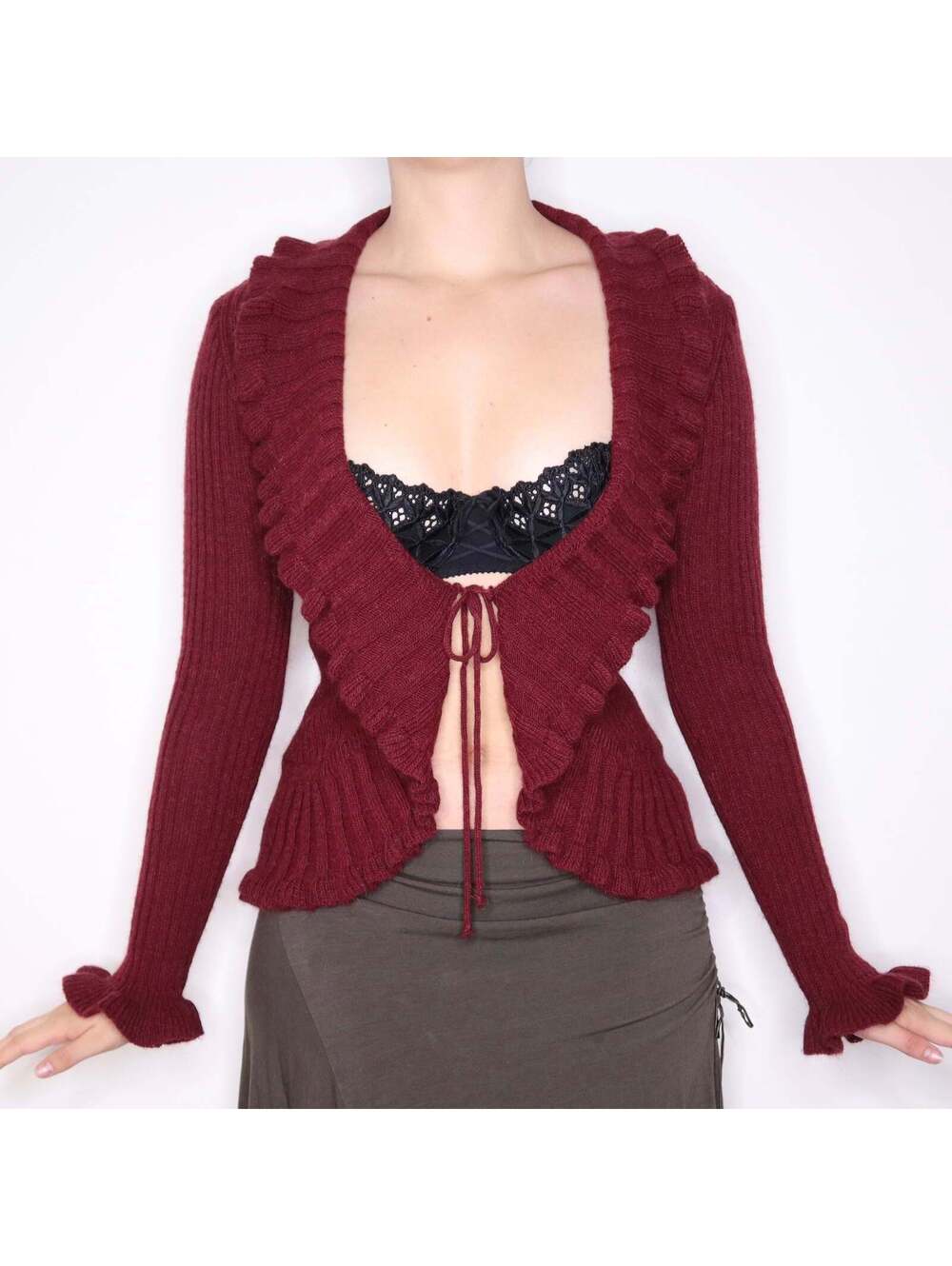 Y2K Italian Red Ruffle Tie Up Cardigan (M)
